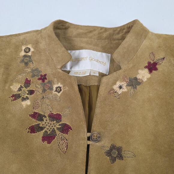 Margaret Godfrey Coat Womens 6 Tan Suede Leather Embroidered Floral Button Lined - Picture 3 of 11